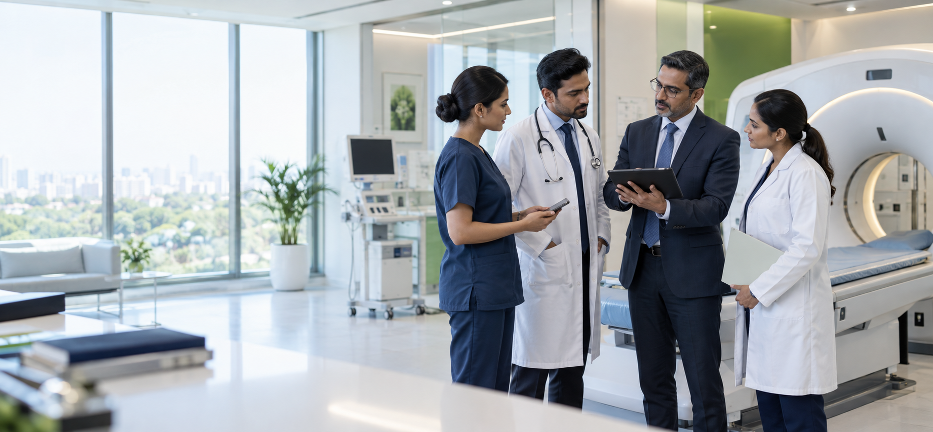 Healthcare professionals discussing medical equipment in a modern clinical environment
